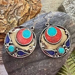 Southwestern Natural Turquoise Coral & Lapis Round Concho 2” Earrings